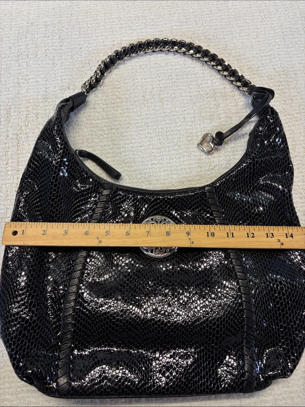 Brighton Black Leather Snakeskin Hobo Shoulder Bag Heart Charm